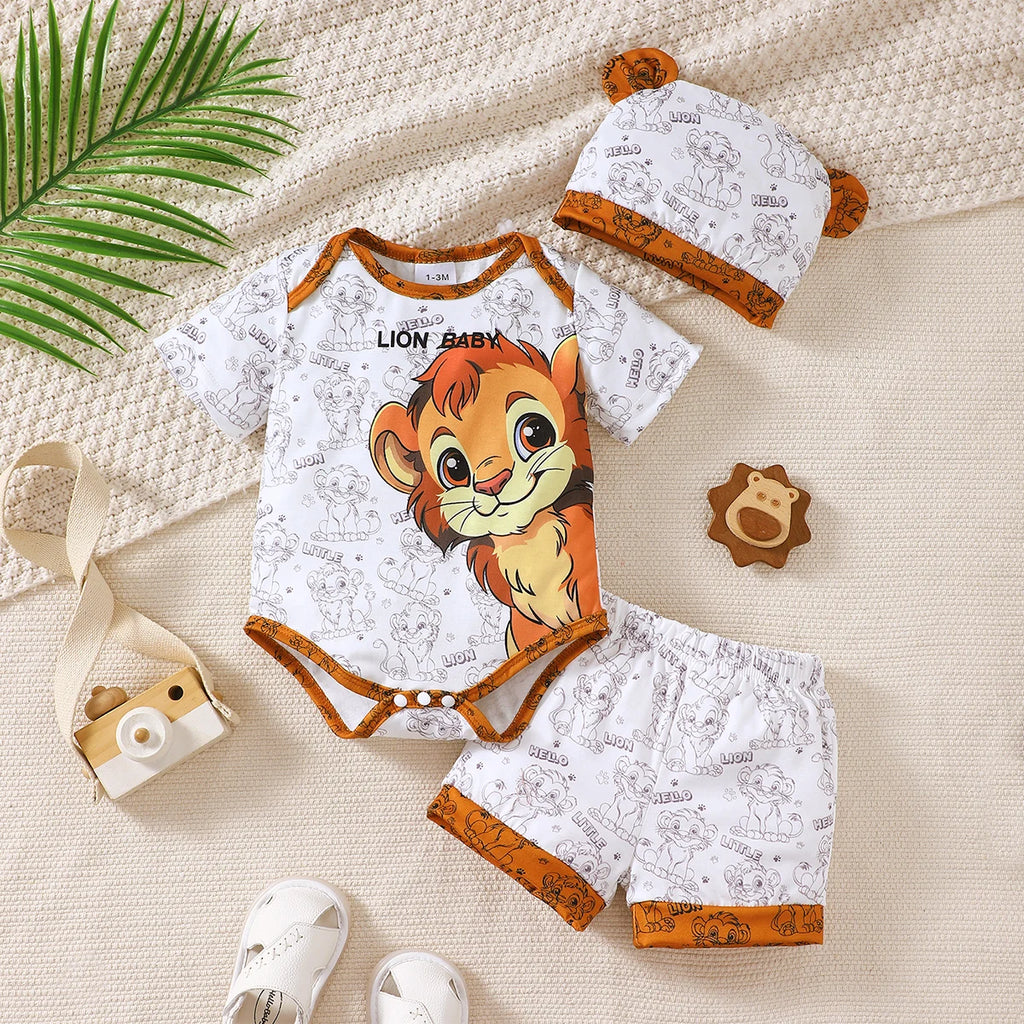 0-18 Month old Baby Boy Set Cartoon Lion Print Top, Pants, Hat Three Piece Set, Newborn Baby Boy Summer Fashion Set