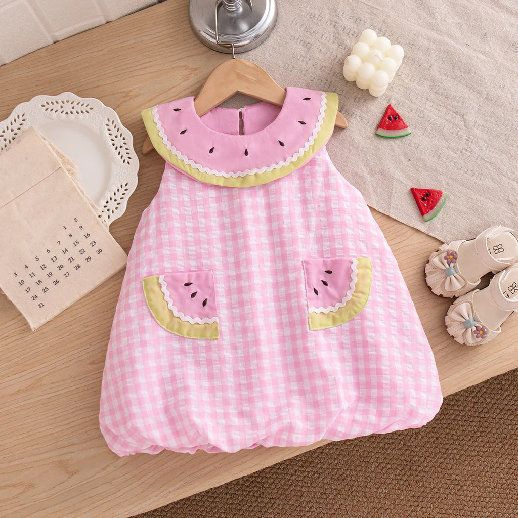 Baby Girl Dress Summer Cotton Solid Color Grid Watermelon Round Neck Sleeveless Girl Dress Cartoon Cute Beach Baby Girl Clothing