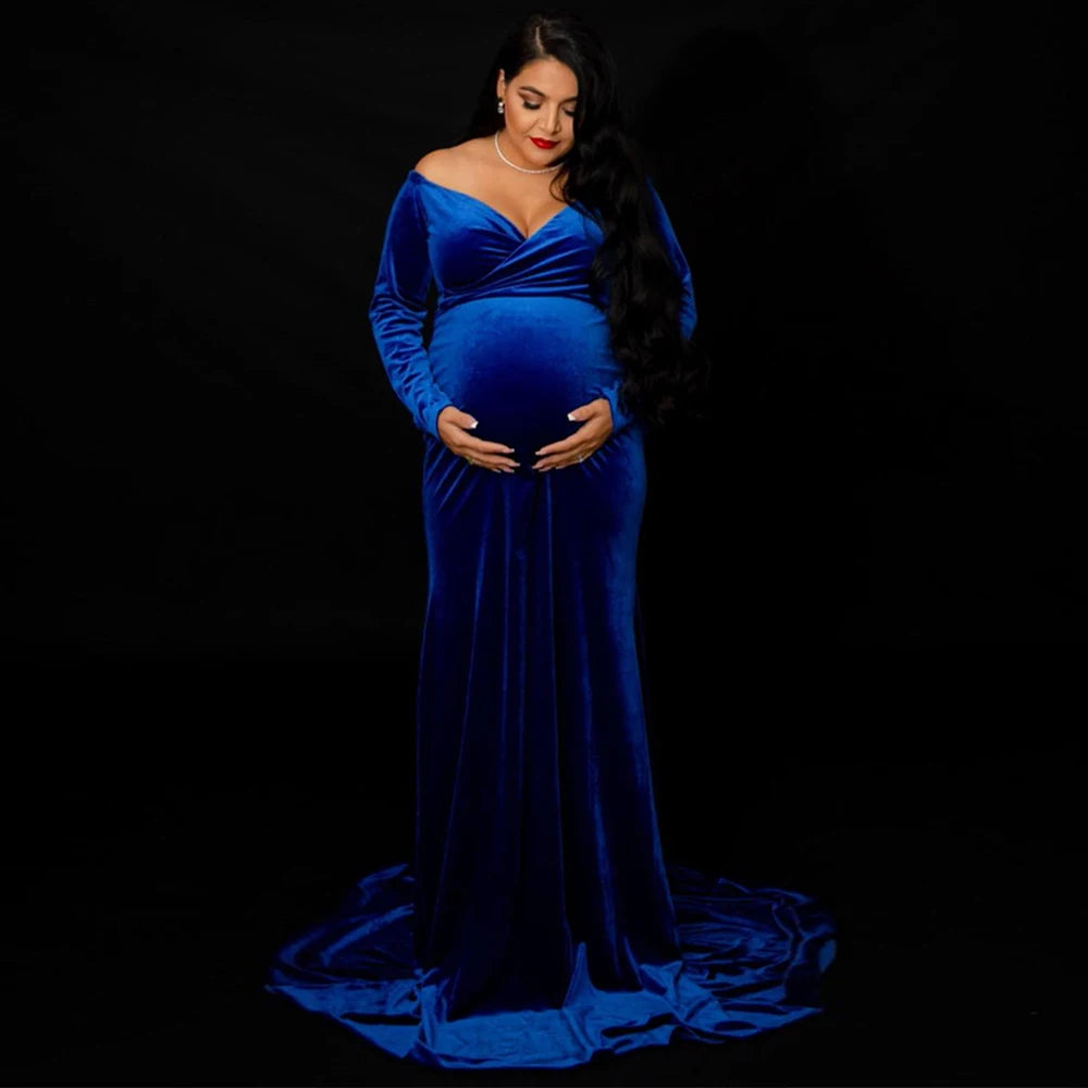 Velvet Maternity Off Shoulder Trailing Fitted Gown Maxi Photography Dress for Baby Shower Photo Props Dress