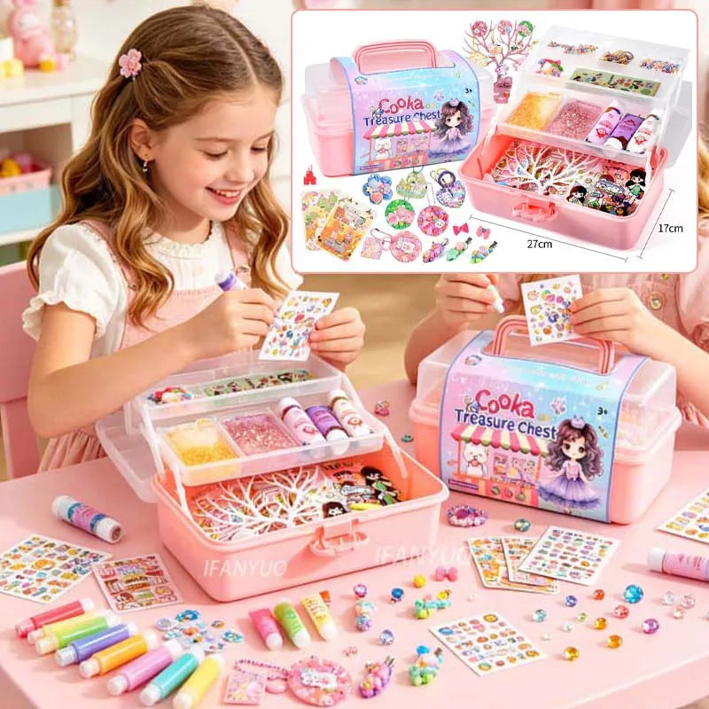 Guka DIY Craft Box for Girls Cream Glue Sticker Card Making Kit with Hair Clips Keychains Creative Handmade Birthday Gift Kit