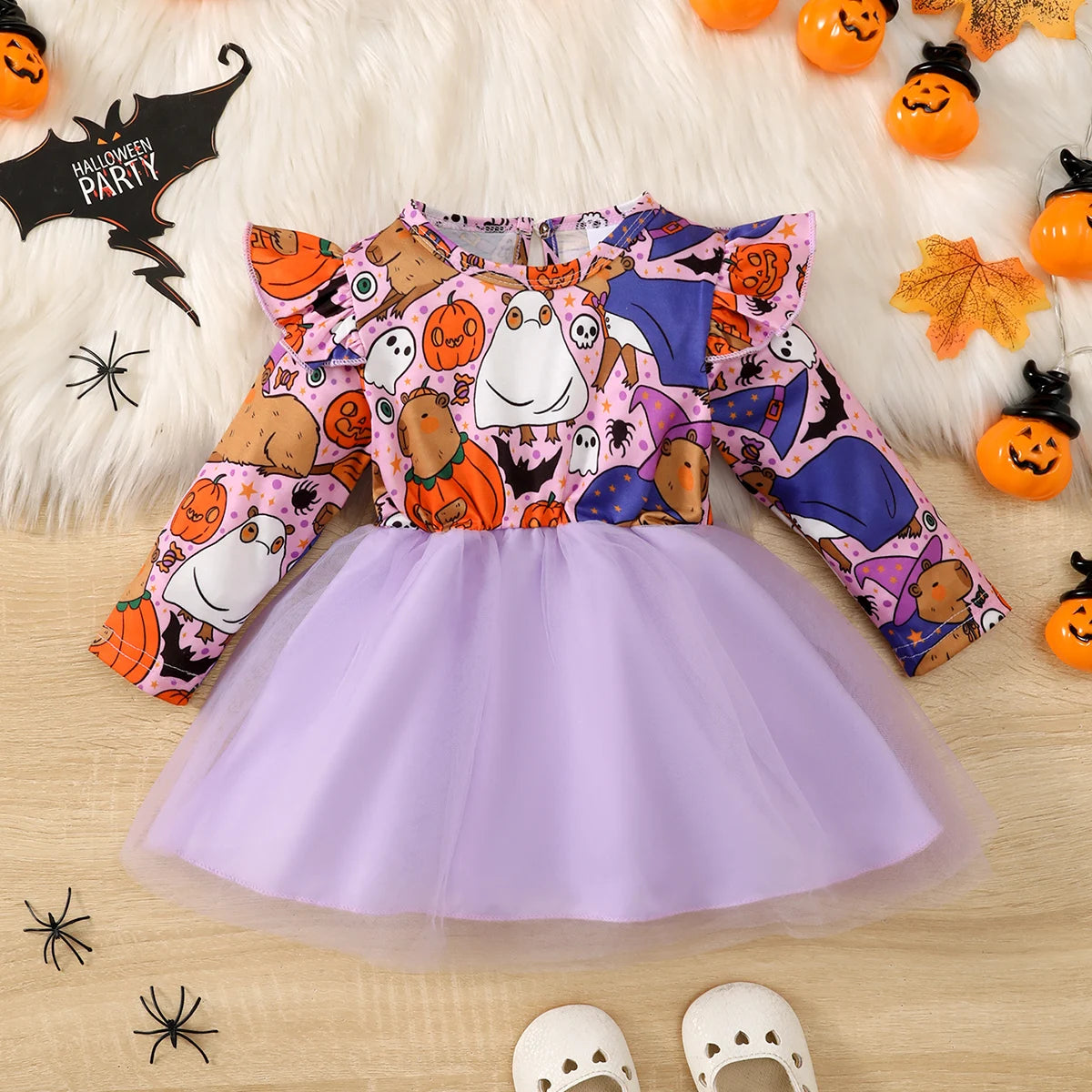 Girls Halloween Dress 0-3 Years Round Neck Tulle Long Sleeve Cartoon Element Party Dress