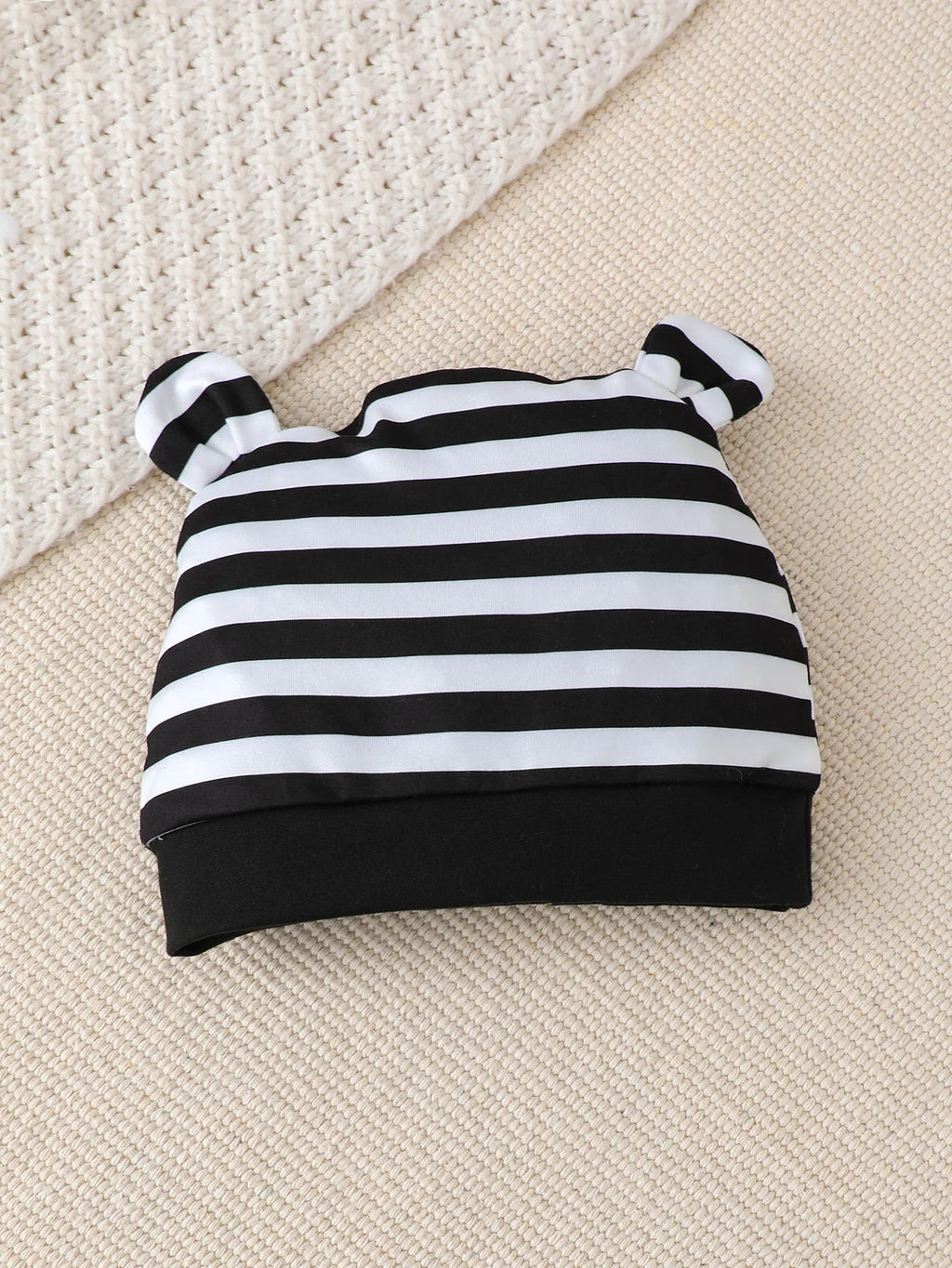 3Pcs Newborn Boy Baby Set Round Neck Digitally Printed Onesie + Black Striped Pants + Hat Set for 0-18 Months boy Baby Set