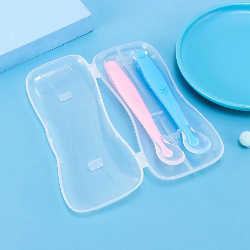 Baby Feeding Spoons 2PCS Set - Soft Silicone & PP Plastic Head - Safe for 6-24M+ Pink Blue Spoons Gift Box