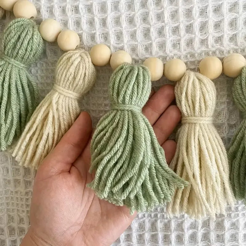 Ins Bohemian Green and White Wooden Bead Tassel Garland Sage Series Wooden Bead Tassel Banner Fireplace Decoration Home Wall Hanging Decoration Sage
