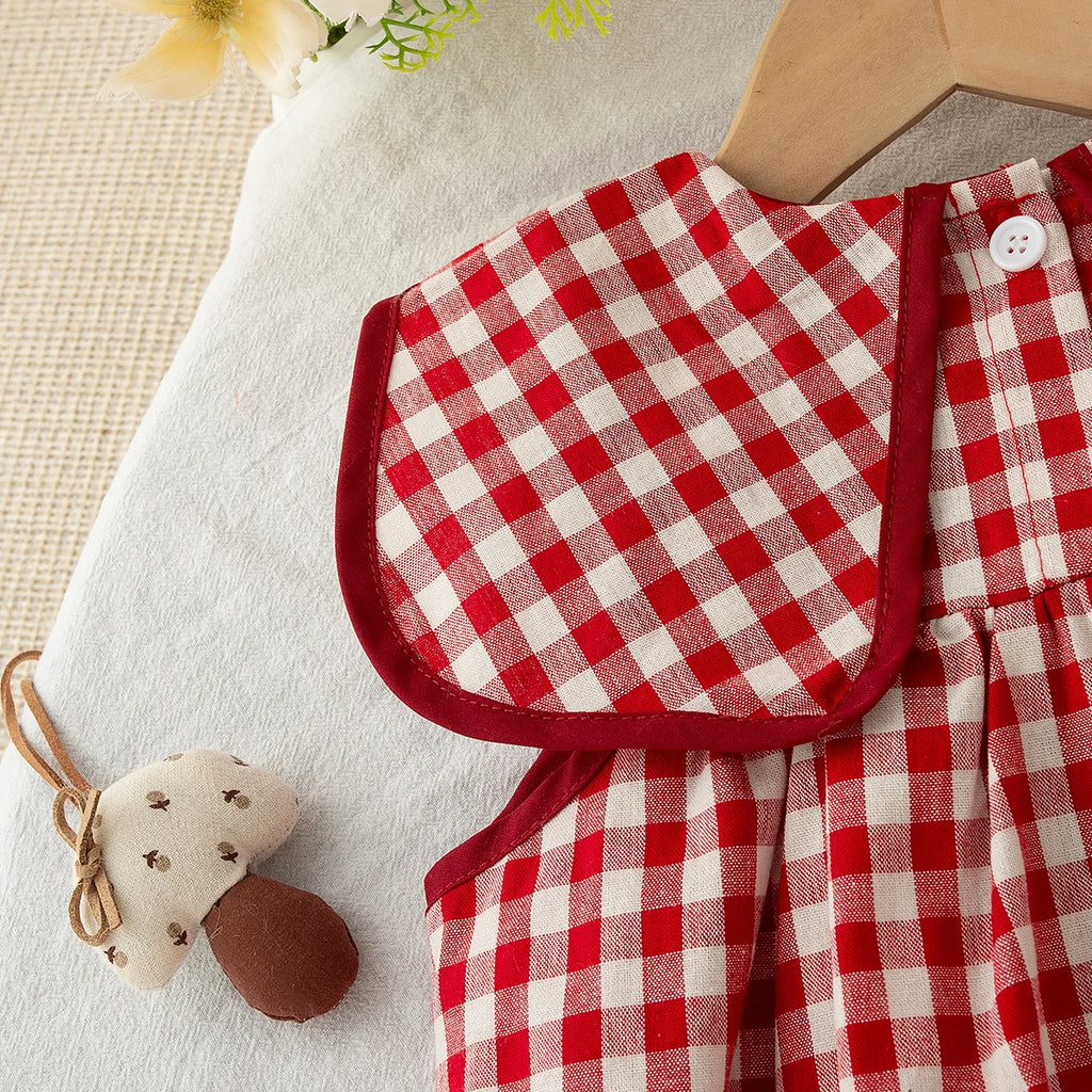 Summer Lovely Baby Girl Outfit Set Comfortable Cartoon Embroidery Red Plaid Doll Collar Top and Solid Color White Toddler Shorts