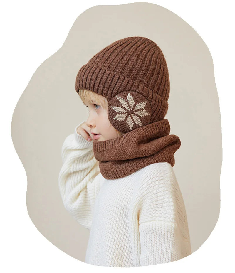 2Pcs Knitted Children Winter Hat Scarf Fleece Lining Ears Protection Kids Beanie Hats Neck Warmer Warm Child Boy Cap 4-10Y