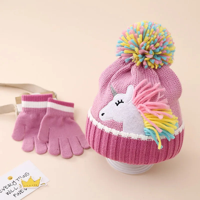 Cross-Border In-Stock Children's Cartoon Unicorn Knitted Hat and Gloves Two-Piece Set Winter Girls' Warm Knitted Hat Set