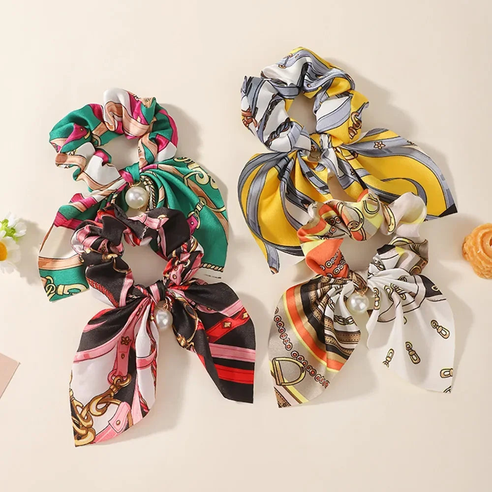 4Pcs/set Chiffon Printed Bowknot Elastic Hair Bands for Women Girls Pearl Scrunchies Headband Hair Ties Ponytail Holder