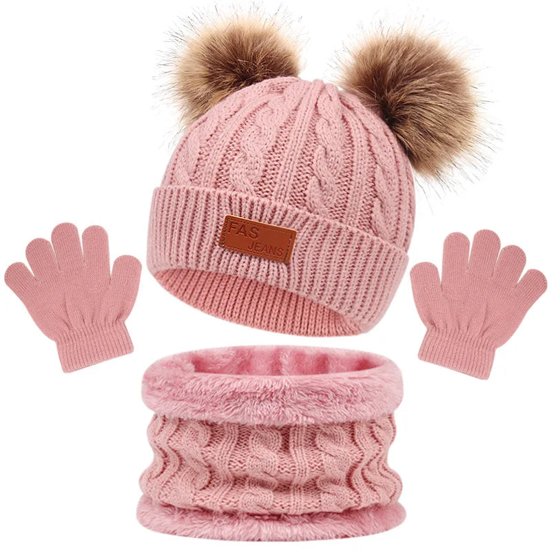 Winter Children Scarf And Hat Three Piece Set With Pom Pom Baby Infant Knitted Hat Warm Wool Thickened