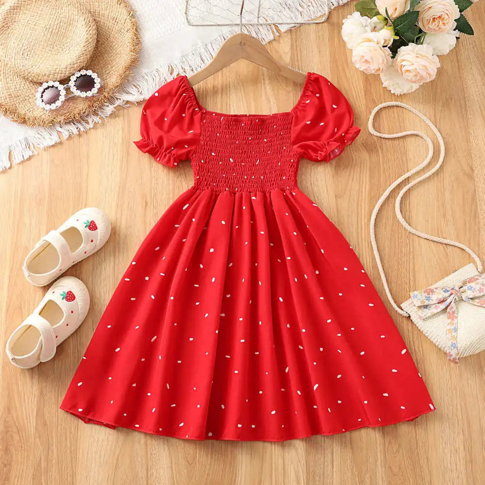 Girls Heart Print Puff Sleeve Dress – Summer Bow Princess Dress for Kids Ages 2-8, Cute Toddler Party & Daily Wear
