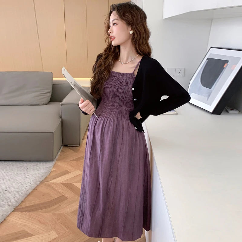 2026 Spring Maternity Dress Suits Long Sleeve Cardigans Strap Dress Twinset Pregnant Woman Clothing Set