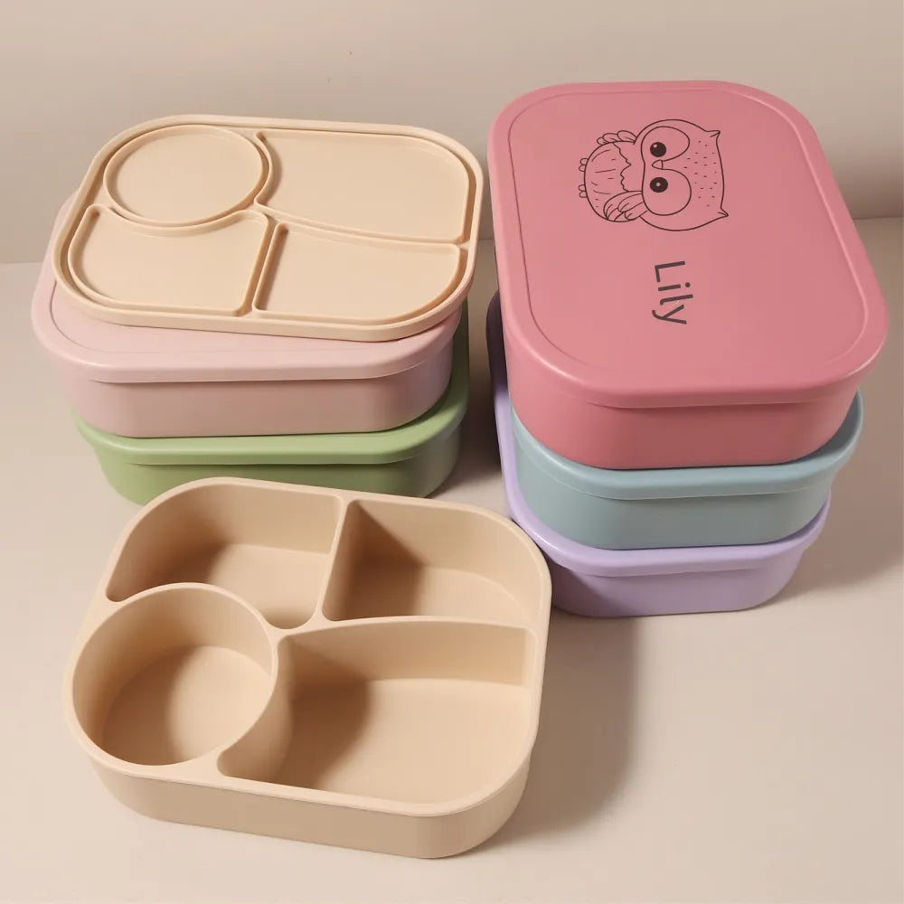 Personalized 340ml Silicone Bento Lunch Box with Name – 4 Compartment Kids Lunch Box