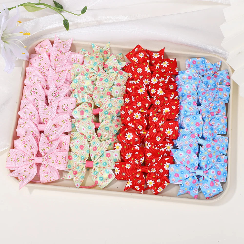 50Pcs Random 3inch flower bowknot hair rope for girls fresh printing head ties toddler cute ponytail hair band set