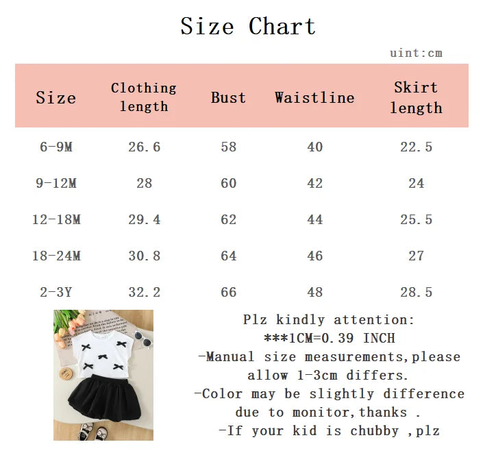 Summer Baby Girl Set Round Neck Small Bow Sleeveless+Black bud skirt Half Skirt 2Pcs/Set 0-3 Year Old Baby Girl Fashion Set