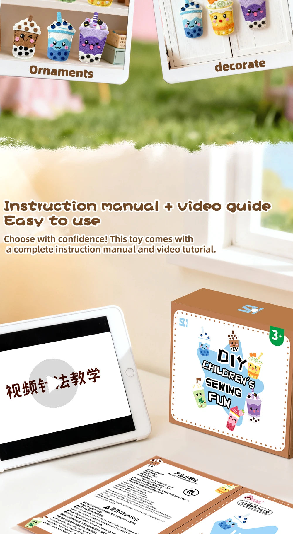DIY Sewing Toys for Kids, Make Milk Tea Ocean Animal Plushie Craft Set Handmade Fabric with Holes and Threads Gifts