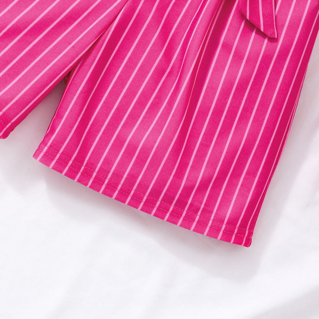 8-12 Years Tween Girls Red Vertical Striped Short Sleeve Collar Jumpsuit - With Belt | Party, Back to School, Daily, Outings&Gat