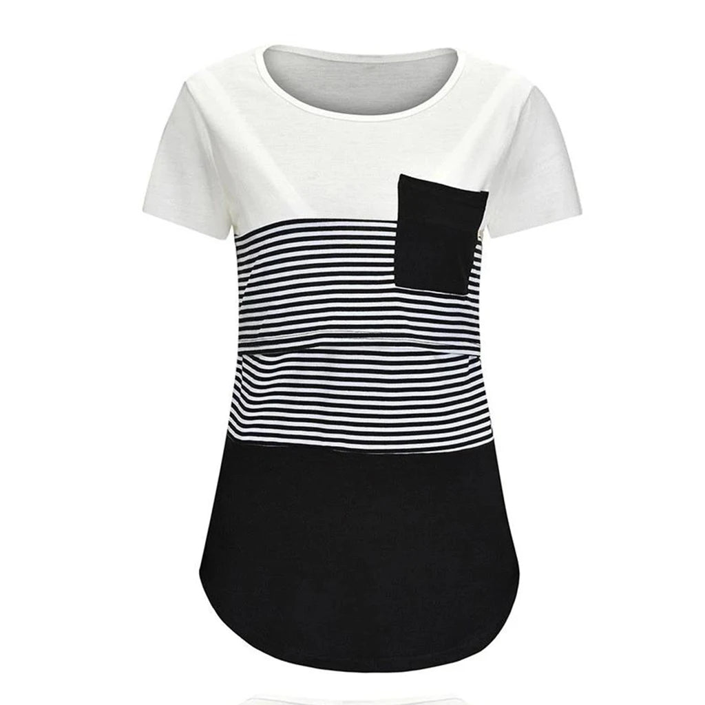 New Maternity Clothes Casual Tops Nursing For Breastfeeding T Shirt Striped Print Women Maternity Short Sleeve Maternity Blouse