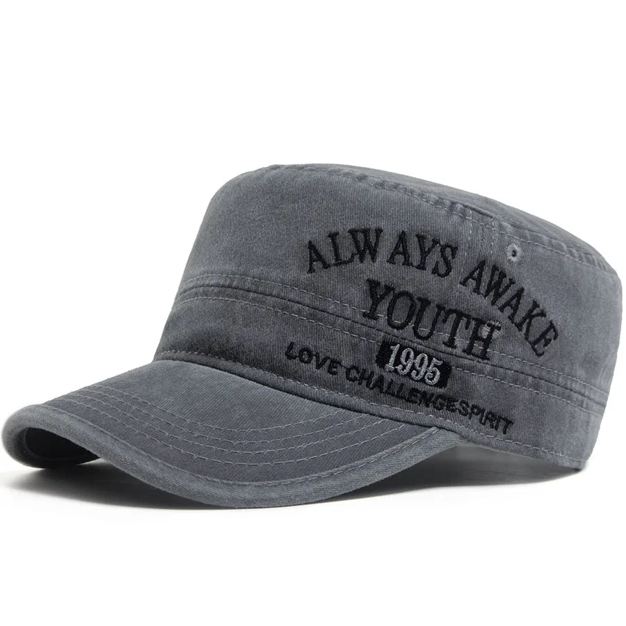 Washed Embroidered Letter Military Cap Flat Top Vintage American Style Sunshade Hat