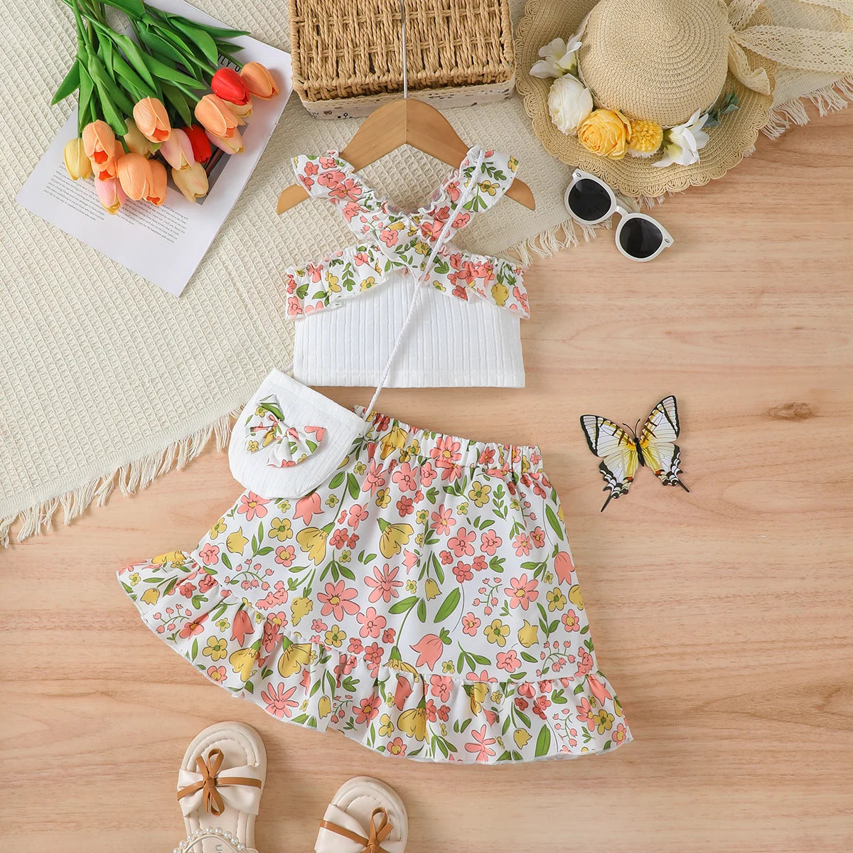 Summer girls' 3Pcs Small Floral Ruffled off Shoulder Top, Half skirt, Mini bag Fashion Set  for girls aged 4-7 Years clothing