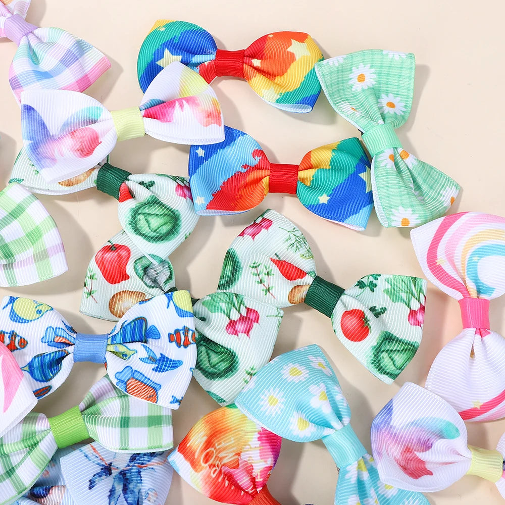Random 60Pcs Cartoon Printing Hair Bows Hair Clip Baby Girls Hairbangs Hairgripes Fresh Rural Style Kids Headwear