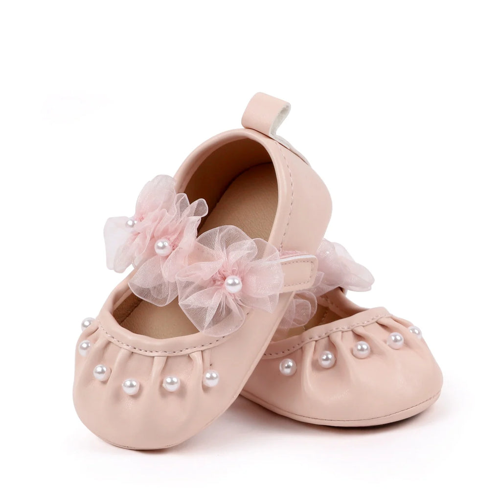 Charming Baby Girls' Pearl Decor Mesh Flower Soft Sole Flats