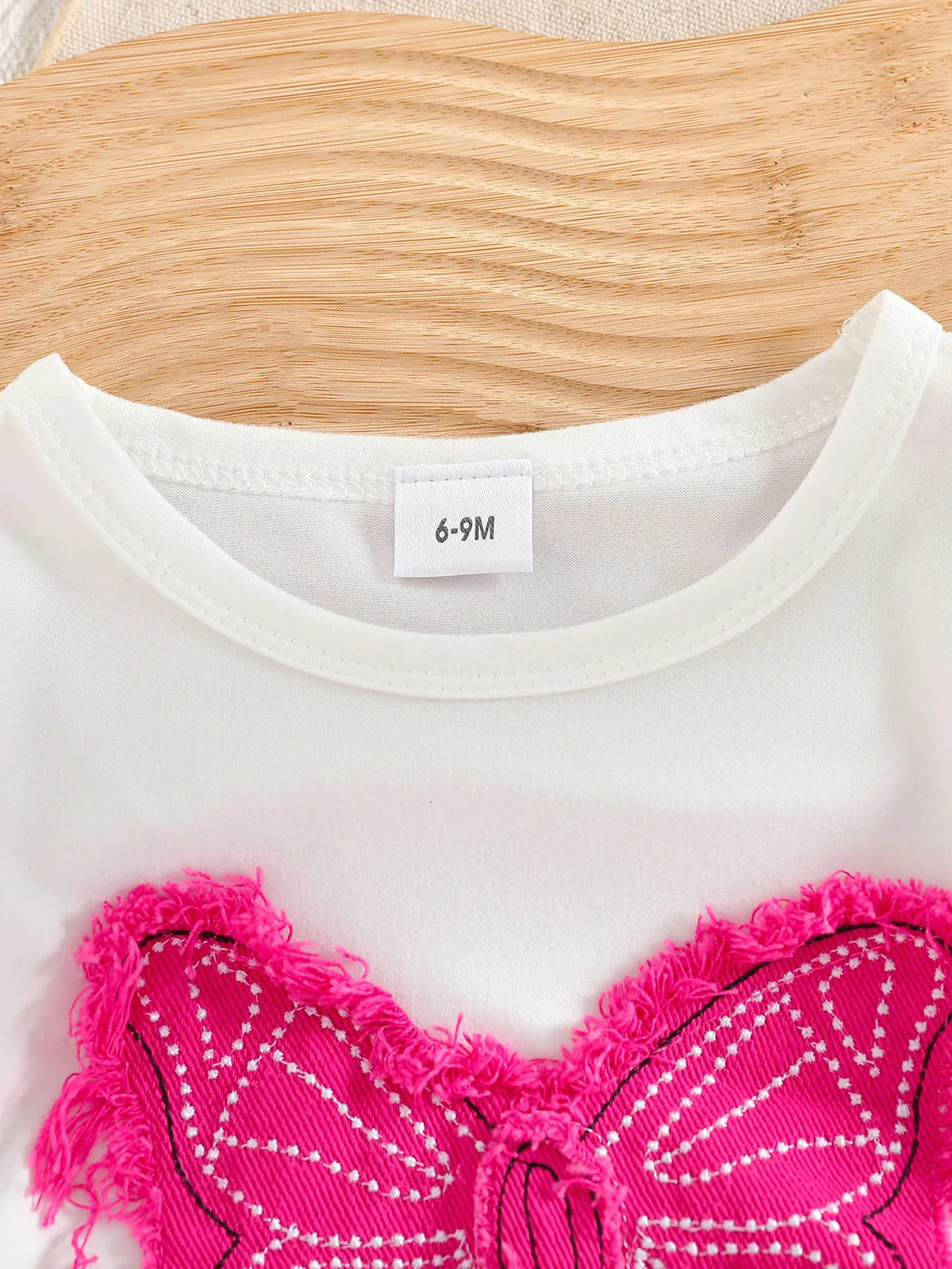 Baby girl summer fashionable and elegant white denim butterfly patch decoration pleated design top and digital printed rose red