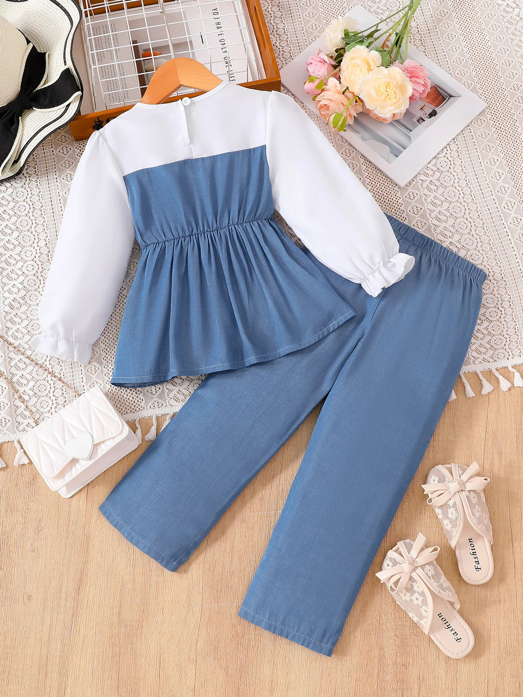 Girls Spring Autumn Denim Patchwork Two-Piece Set with White Sleeve Blue Skirt Top And Denim Long Pants for Kids