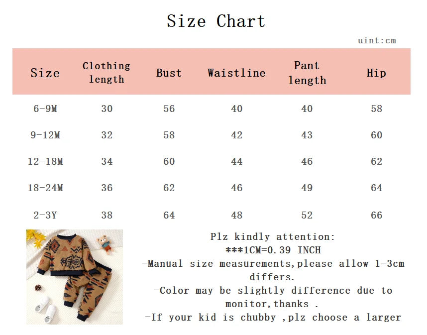 0-3 Year Baby boy Plush Set Geometric Pattern Long sleevedand Pants 2pcs/Set Toddler Baby boy Winter Cold proof keep warm set