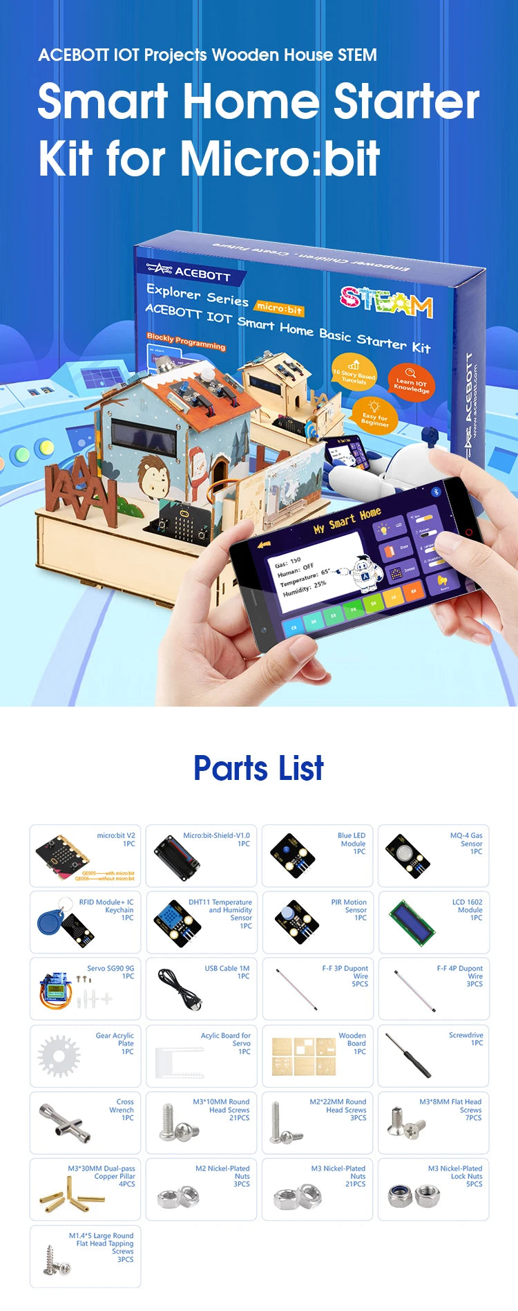ACEBOTT Learning Kit Microbit Smart Home Automation Projects STEM Education Wooden House makecode