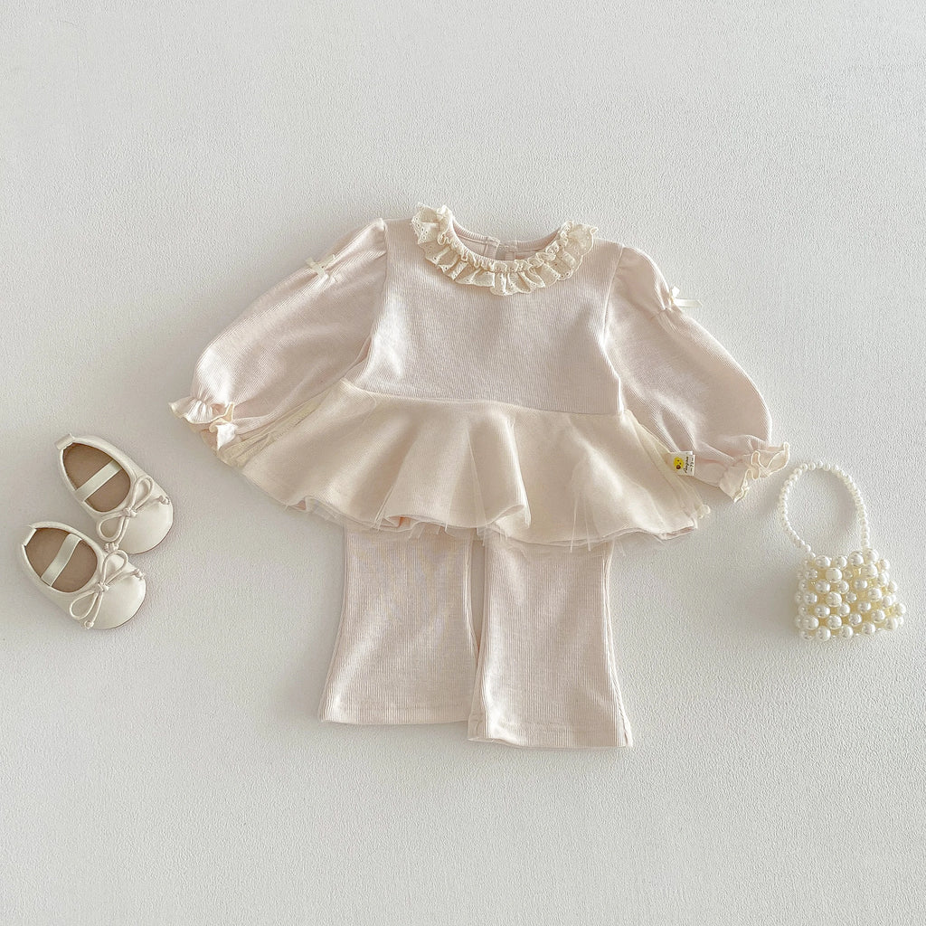 Girls' Fashion Set 2026 Korean Style Spring-Autumn Net Scarfed Bowknot baby Shirt with Flared Pants - Girls' Two-Piece Set