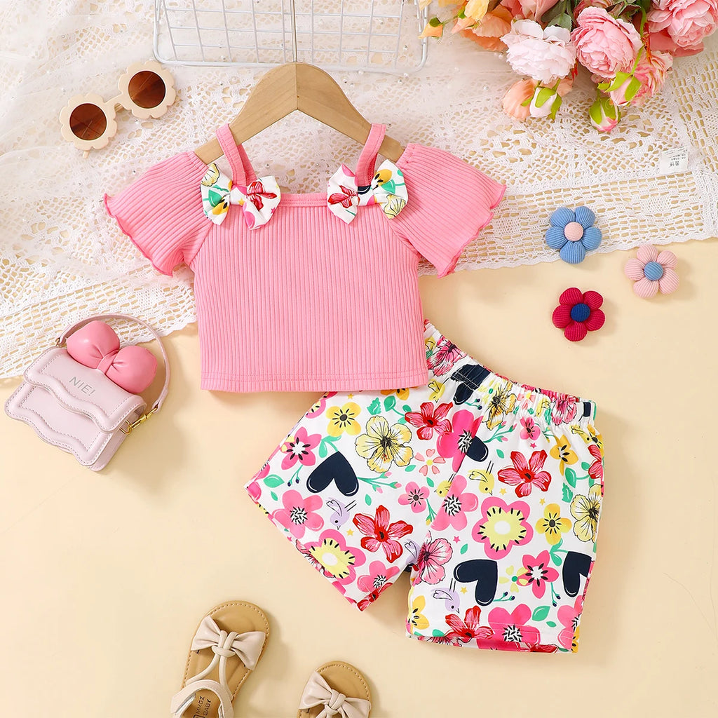 2pcs Baby girl Off Shoulder Bow Top+Colorful Printed Shorts Summer Fashion Sets 0-3 Year Baby Gir Beach vacation Casual Clothing