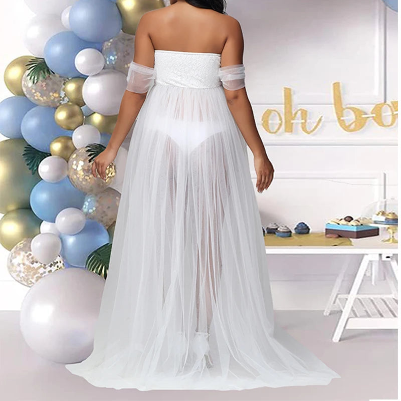 Maternity Lace Mesh Long Dress Pregnancy Shouldless Maxi Gown Dresses Soft Tulle Fabric Strapless for Baby Shower Photo Shoot