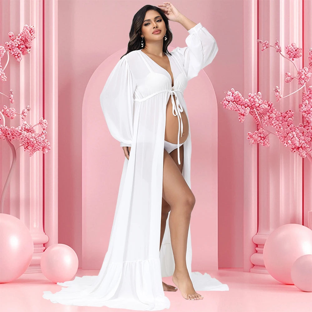 Maternity Chiffon V-neck Lantern Sleeves Slit Robe for Baby Shower Maxi Gown Photography Dress