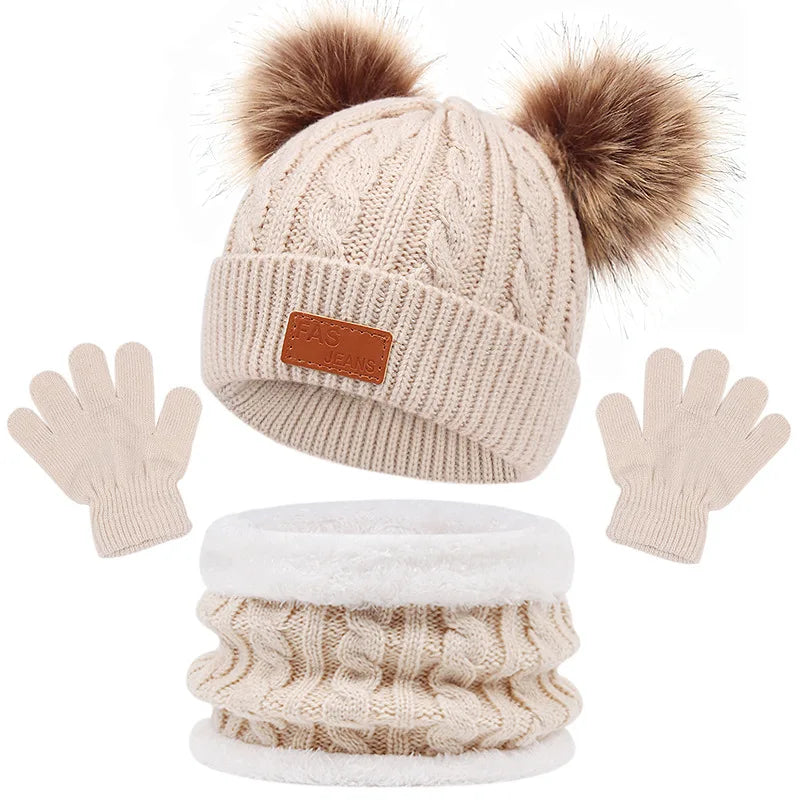 Winter Children Scarf And Hat Three Piece Set With Pom Pom Baby Infant Knitted Hat Warm Wool Thickened