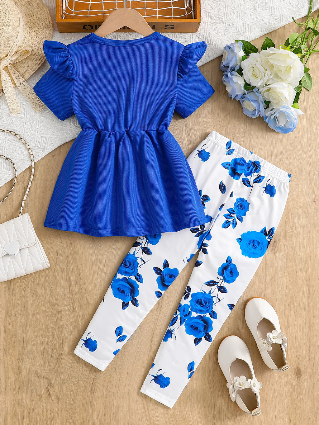New Arrival Summer Girls Knitted Round Neck Flying Sleeve Tops + Rose Printed Casual Trousers Set 2Pcs