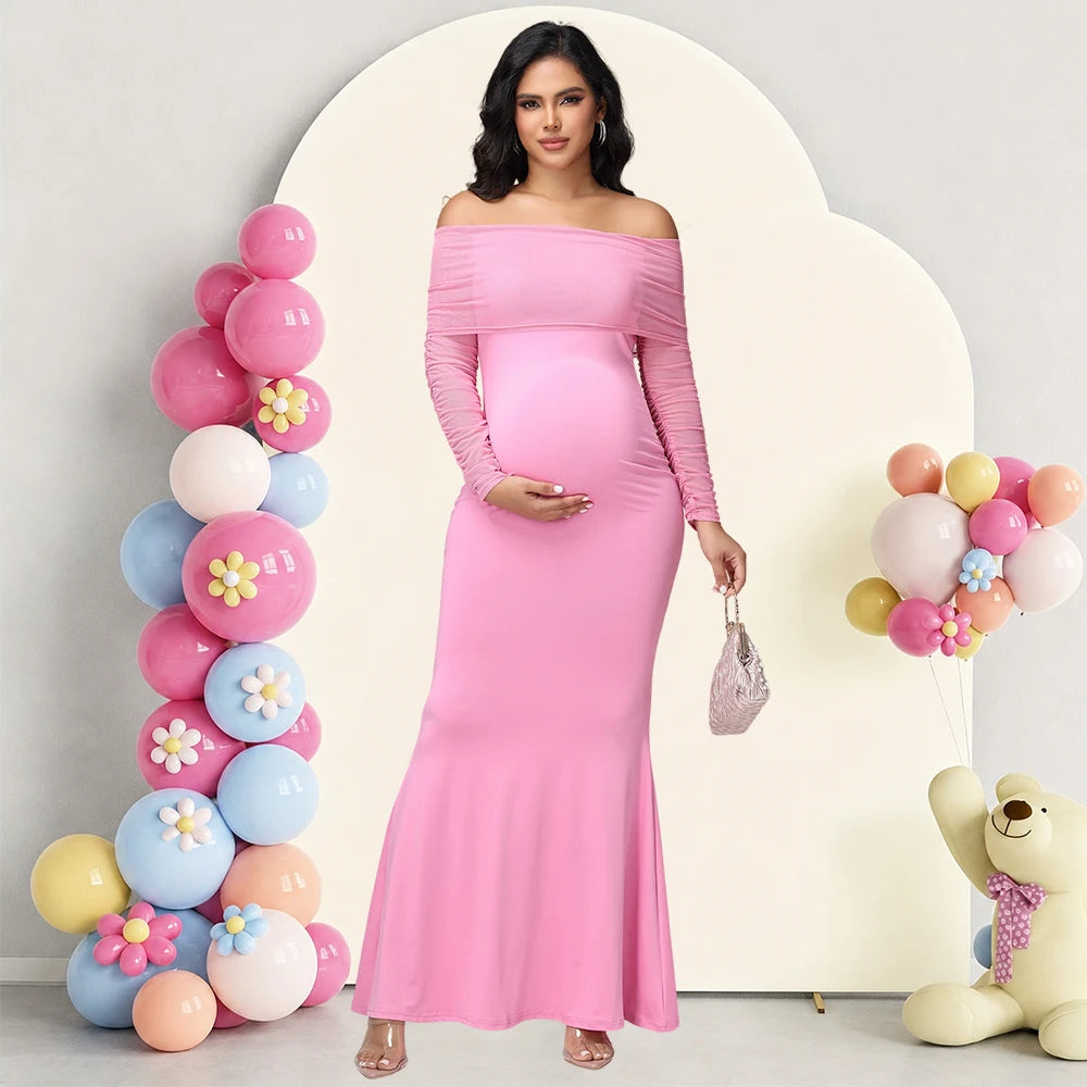 Maternity Mesh Off Shoulder Long Sleeve Baby Shower Dress Bodycon Mermaid Hem Party Evening Gown for Photoshoot