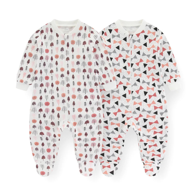 Kiddiezoom Cartoon Long Sleeve Zipper Baby Romper 0-12 Months 2 Pcs Lot 100 Percent Cotton