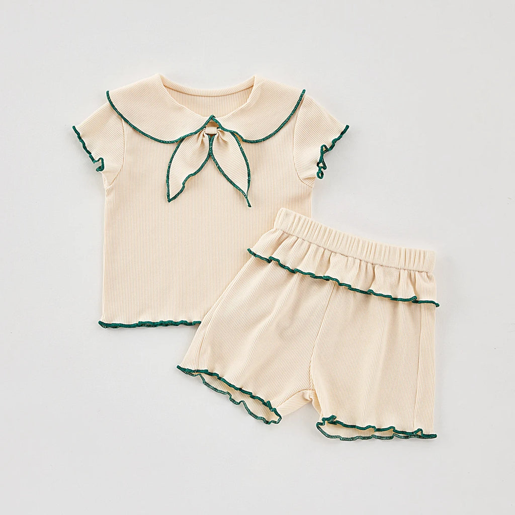 Summer Baby Girls 2-Piece Doll Neck Bow Short Sleeve Top + Shorts Casual Suit