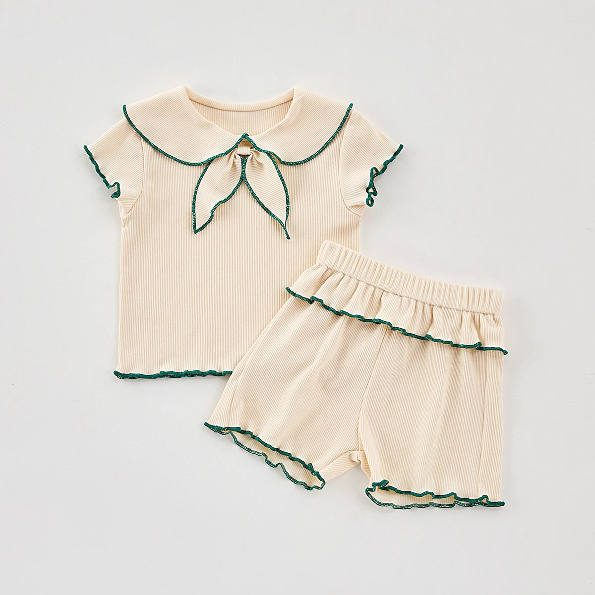 Summer Baby Girls 2-Piece Doll Neck Bow Short Sleeve Top + Shorts Casual Suit
