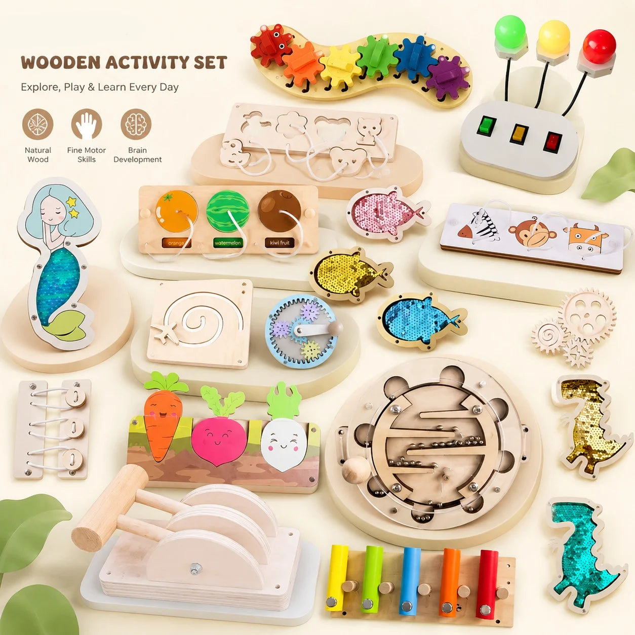 Montessori Busy Board Toddlers Wooden Sensory Activity  LED Switch Gears Maze Lacing  Fine Motor Skills Learning Set for Kids