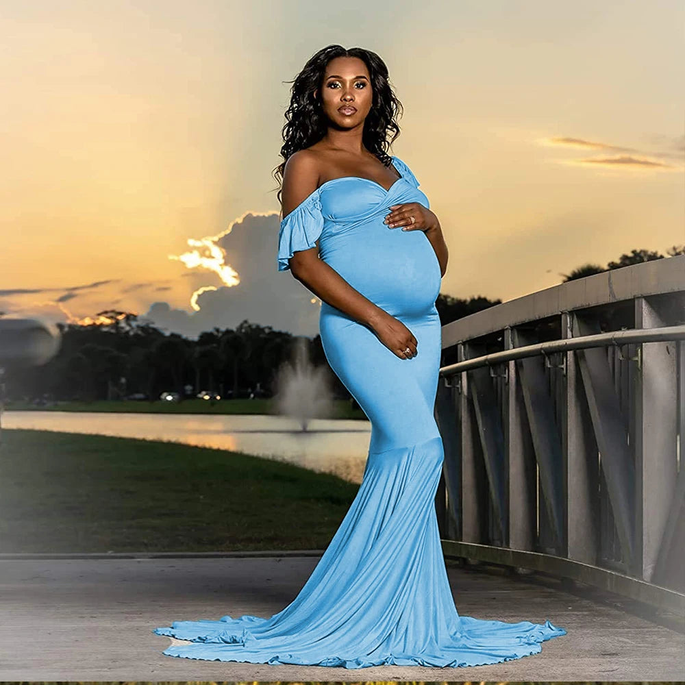 Maternity Summer Ruffle Sleeve V-Neck Mermaid Dress Pregnancy Gown Wedding Bridesmaid Dresses Robe for Photoshoot Baby Shower