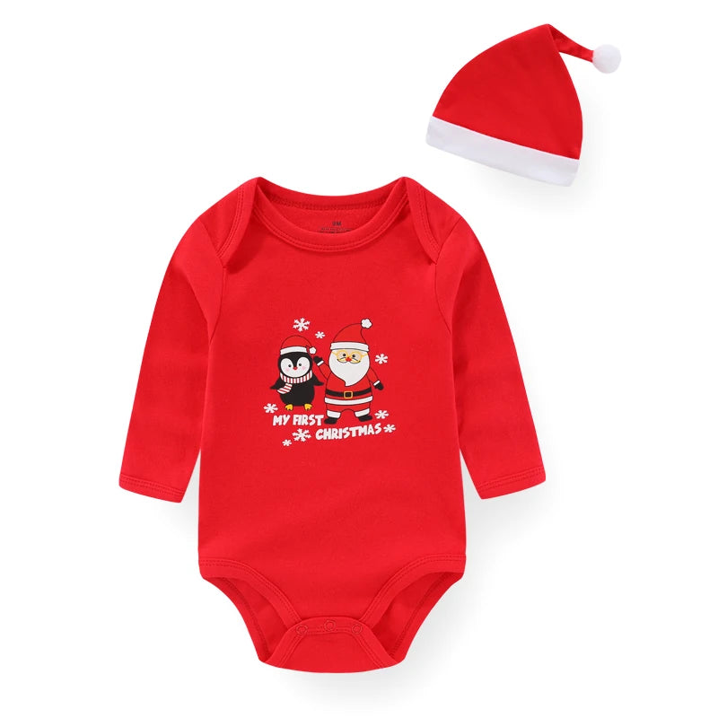 Fashion My First Christmas Newborn Long Sleeve Baby Boy Girl Bodysuits+Hats infant Outfit Gifts Babe Jumpsuits Rompers