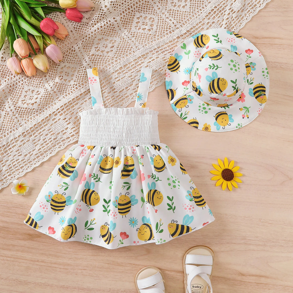Baby Girl Dress Cartoon Bee Printed Strap Dress+Hat 2Pcs/Set 0-3 Year Old Cute Baby Girl Summer Dress Set Baby clothing