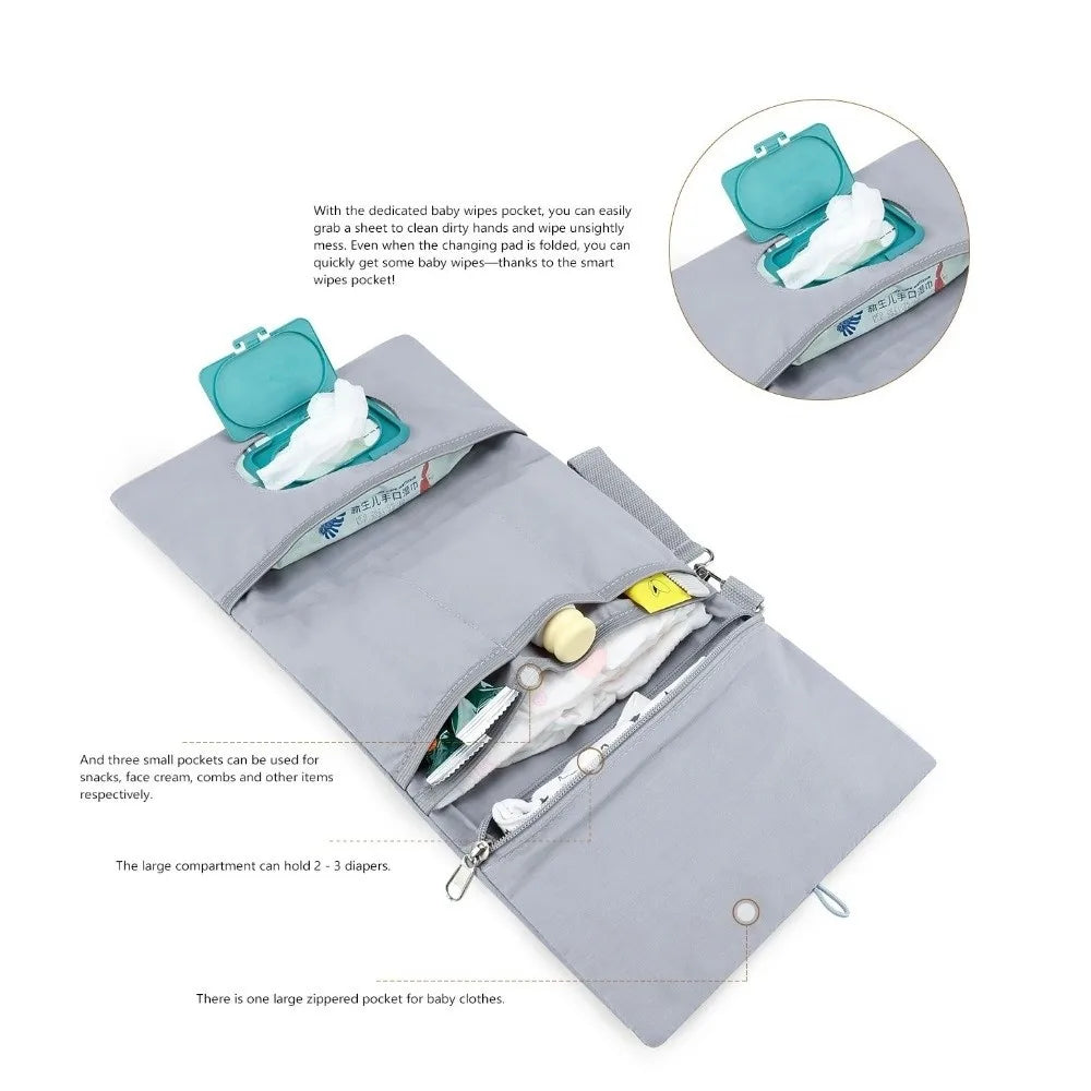 Cute Baby Hanging Diaper Bag Multi-Compartment Cotton Foldable Storage Pouch with Wipe Holder Detachable Strap