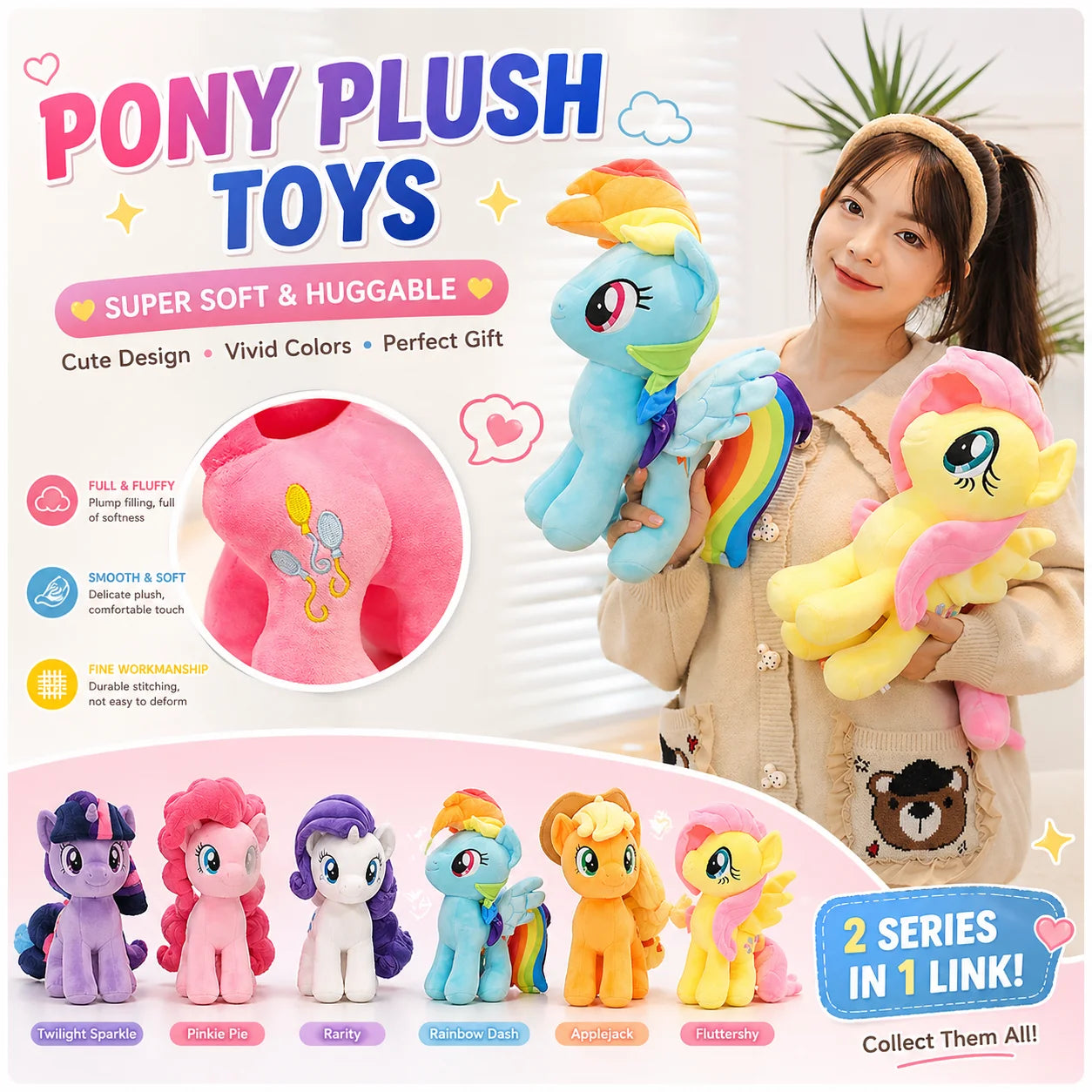 My Little Pony Plush Toy 28cm Cute Pony Stuffed Doll Soft Huggable Rainbow Pinkie Pie Birthday Gift Collection