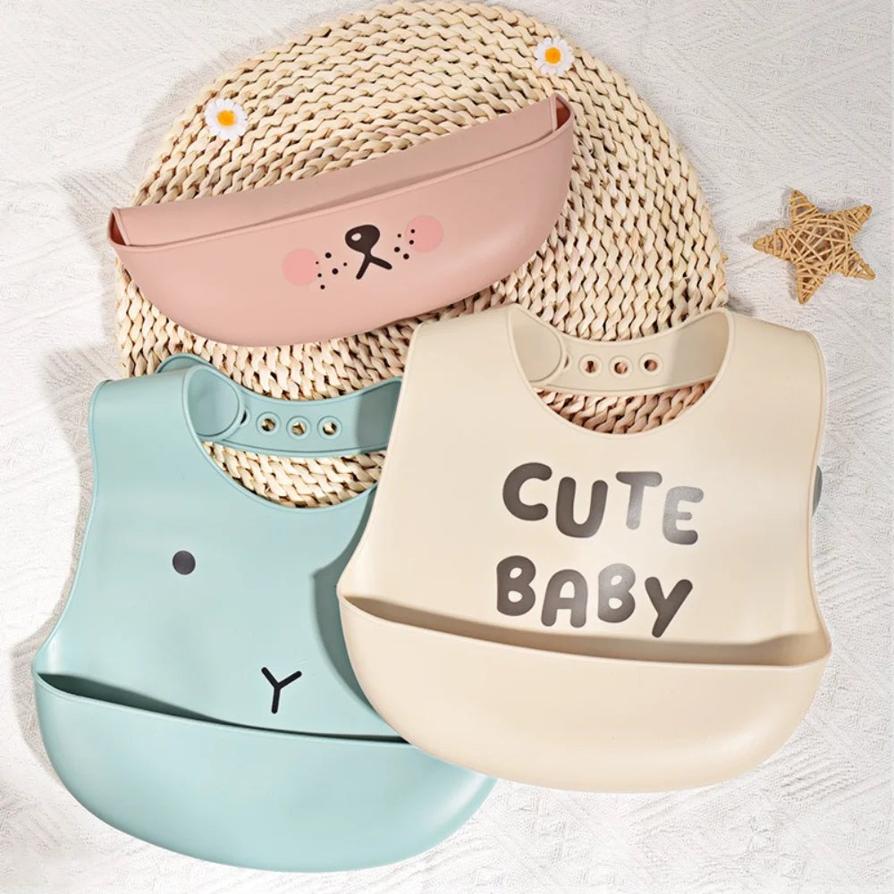 New Hot Soft Silicone Baby Feeding Bibs Waterproof BPA Free Antibacterial Adjustable Toddler Kids Large Pocket Bib Easy Clean