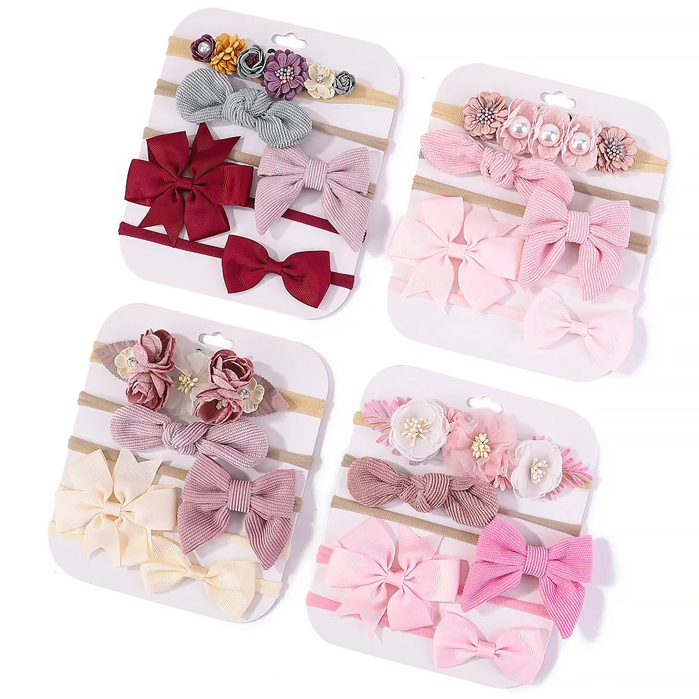 Sweet Elastic Headbands for Baby Girl New Bowknot Knit Nylon Headbands 5Pcs/set Pretty Flower Hairbands Decoration Headwear