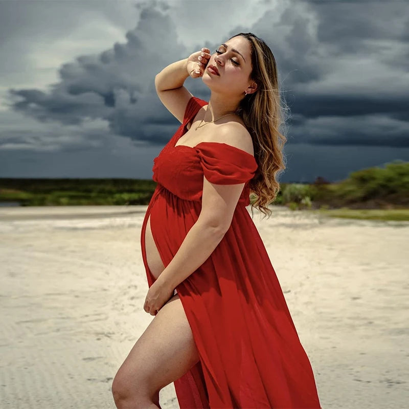 Maternity Lace Dress Sexy Gown Off Shoulder Long Pregnancy Dress Photo Shooting Women Fancy Clothing Slit Dress for Photoshoot