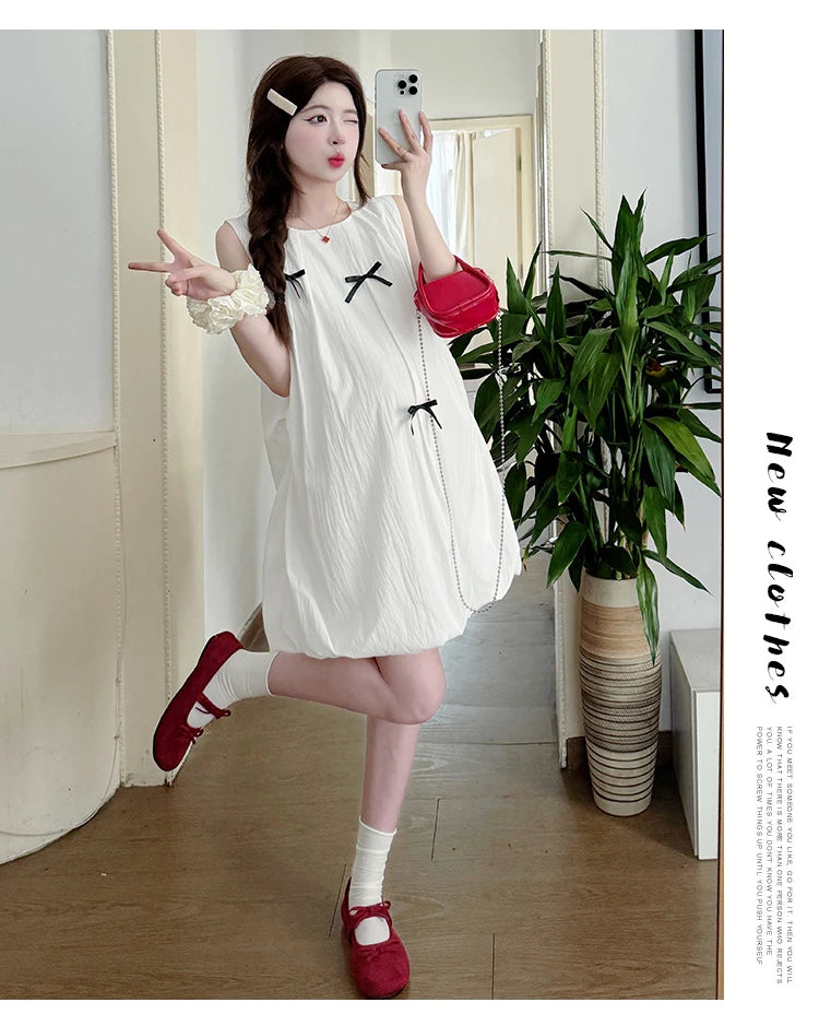 Korean Style Maternity Mini Dress Sleeveless White Pregnant Woman Bud Dress Fashion Short Lady Loose Fashion Dress with Bowknot
