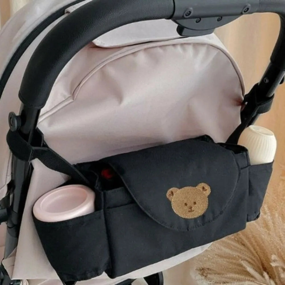Cartoon Stroller Organizer Bag Bear Cloth Pram Storage Bag Large Capacity Multi Pocket Stroller Hanging Bag